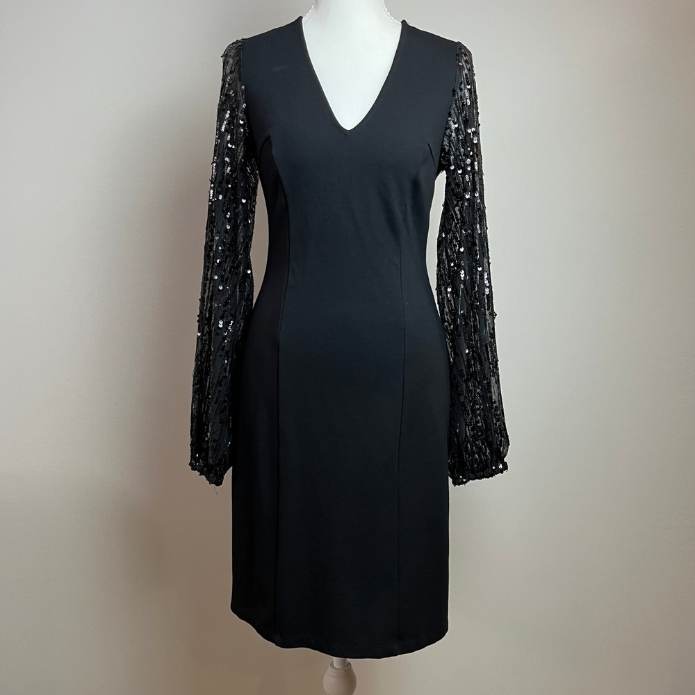 Rock & Shine Reitmans Black Sequin Sheer Sleeve Midi Dress XS Holiday Party